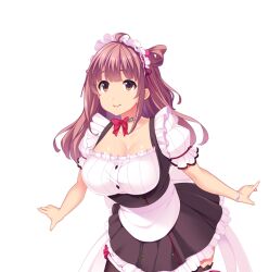 Rule 34 | 1girl, :&gt;, arms at sides, breasts, brown eyes, brown hair, choker, cleavage, cowboy shot, eyebrows hidden by hair, female focus, frills, game cg, large breasts, legs, long hair, looking at viewer, maid, maid headdress, momoko (sister lesson), one side up, original, shiokonbu, sister lesson, smile, solo, standing, tachi-e, thighs, transparent background