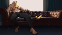 Rule 34 | 1boy, abs, absurdres, animal ears, bara, barefoot, black pants, blonde hair, blue eyes, brown fur, bulge, couch, digimon, digimon (creature), furry, furry male, highres, large pectorals, leomon, lion boy, lion ears, male focus, muscular, muscular male, navel, nipples, on couch, pants, pectorals, scar, scar on arm, topless male, short hair, sitting, solo, stomach, thick thighs, thighs, yanxijun