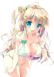 Rule 34 | 1girl, aqua bikini, bare shoulders, bikini, blonde hair, blue eyes, blush, bow, bracelet, breasts, cameltoe, cleavage, collarbone, commentary, fang, fingernails, flower, green bow, hair flower, hair ornament, hairclip, hibiscus, highres, jewelry, large breasts, leaning forward, long hair, looking at viewer, mikeou, navel, one side up, open mouth, original, ponytail, ribbon, simple background, smile, solo, striped bikini, striped clothes, swimsuit, white background
