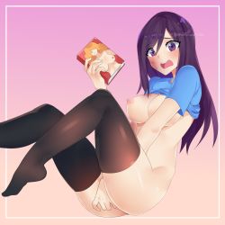 Rule 34 | 1girl, between legs, black thighhighs, blue shirt, book, border, bottomless, breasts, burn scar, caught, clothes lift, commentary, english commentary, eyes visible through hair, female masturbation, foot out of frame, gradient background, hand between legs, highres, holding, holding book, ikezawa hanako, katawa shoujo, kuroeart, large breasts, long hair, looking at viewer, masturbation, nipples, no bra, open mouth, pink background, pornography, purple eyes, purple hair, scar, shirt, shirt lift, short sleeves, simple background, solo, thighhighs, twitter username, watermark, wavy mouth