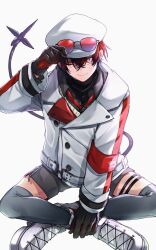 Rule 34 | 1boy, absurdres, black gloves, black shorts, black thighhighs, collared shirt, commentary, crossed legs, eyewear on head, flat cap, full body, gloves, grey shirt, hair between eyes, hat, highres, holostars, holostars english, jacket, looking at viewer, machina x flayon, machina x flayon (2nd costume), male focus, mechanical tail, multicolored clothes, multicolored jacket, o-ring strap, one eye closed, peke (pekepeke 999), red eyes, red hair, shirt, shoes, short hair, shorts, sidelighting, sitting, smile, sneakers, sunglasses, sweater vest, symbol-only commentary, tail, thigh strap, thighhighs, virtual youtuber, white background, white footwear, white headwear