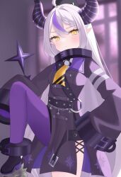 Rule 34 | 1girl, ahoge, ascot, black collar, black footwear, blush, braid, braided bangs, breasts, coat, coat dress, collar, grey hair, high heels, highres, hololive, la+ darknesss, la+ darknesss (1st costume), long hair, looking at viewer, metal collar, multicolored hair, non non427, pantyhose, pointy ears, purple coat, purple hair, purple pantyhose, single braid, single leg pantyhose, sleeves past fingers, sleeves past wrists, small breasts, solo, streaked hair, very long hair, virtual youtuber, yellow ascot, yellow eyes