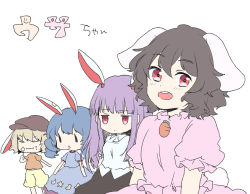 Rule 34 | 4girls, :&lt;, animal ears, black hair, blonde hair, blue dress, blue hair, brown hair, cabbie hat, carrot necklace, closed mouth, collared shirt, dango, dress, earclip, expressionless, flat cap, floppy ears, food, hat, highres, inaba tewi, jewelry, kuromame (8gou), long hair, looking at viewer, moon rabbit, multiple girls, necklace, open mouth, orange shirt, pink dress, puffy short sleeves, puffy sleeves, purple hair, rabbit ears, rabbit tail, red eyes, reisen udongein inaba, ringo (touhou), seiran (touhou), shirt, short hair, short sleeves, shorts, skirt, tail, teeth, touhou, upper teeth only, wagashi, wavy hair, white shirt, yellow shorts