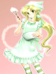 Rule 34 | 1girl, apron, blonde hair, blush, collarbone, cooking, female focus, frills, gradient background, green eyes, long hair, pixiv fantasia, pixiv fantasia 3, solo, striped clothes, striped thighhighs, thighhighs, very long hair, whisk, yagisaka seto
