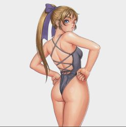 Rule 34 | 1990s (style), 1girl, ;(, armpits, artbook, ass, atlus, back, blonde hair, blue bow, blue eyes, blue ribbon, blush, bow, breasts, brown hair, casual one-piece swimsuit, clenched hands, closed mouth, cowboy shot, criss-cross halter, cross-laced clothes, from side, frown, grey one-piece swimsuit, hair bow, hair ribbon, halterneck, hands on own hips, high ponytail, highleg, highleg swimsuit, junis, legs, legs together, long hair, looking at viewer, looking back, lowres, ninja, official art, one-piece swimsuit, one-piece thong, one eye closed, ponytail, psikyo, retro artstyle, ribbon, scan, sengoku ace, sengoku blade, simple background, small breasts, solo, standing, swimsuit, tengai, thick eyebrows, thighs, thong, tsukasa jun, white background, wink