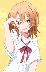 Rule 34 | 1girl, brown eyes, brown hair, floral background, isshiki iroha, ixy, looking at viewer, open mouth, red neckwear, red ribbon, ribbon, shirt, short sleeves, smile, solo, white shirt, yahari ore no seishun lovecome wa machigatteiru., yellow background