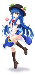 Rule 34 | 1girl, :/, between legs, blue hair, boots, cross-laced footwear, dress, eila yagyu, food, fruit, full body, hand between legs, hat, highres, hinanawi tenshi, index finger raised, knee boots, layered dress, leaf, long hair, looking at viewer, peach, puffy short sleeves, puffy sleeves, red eyes, ribbon, short sleeves, simple background, solo, touhou, very long hair, white background