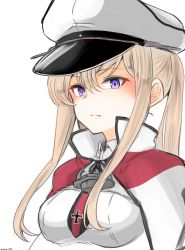 Rule 34 | 10eki (tenchou), 1girl, anchor, capelet, cross, graf zeppelin (kancolle), hair between eyes, hat, highres, iron cross, kantai collection, looking at viewer, military, military hat, military uniform, peaked cap, purple eyes, sidelocks, simple background, solo, twintails, uniform, upper body, white background, white hat
