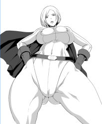 Rule 34 | 1girl, breasts, butcha-u, cameltoe, cleavage, cleavage cutout, clothing cutout, dc comics, female focus, from below, frown, gloves, large breasts, looking down, monochrome, nipple slip, nipples, power girl, simple background, solo, white background