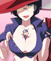 Rule 34 | 1boy, 1girl, axl low, bad id, bad twitter id, bbhdrrr, belt, between breasts, black gloves, black hair, bob cut, breasts, choker, cleavage, collarbone, fingerless gloves, gloves, green-tinted eyewear, guilty gear, guilty gear strive, hat, highres, i-no, jacket, large breasts, mini person, miniboy, mole, mole above mouth, open mouth, red jacket, short hair, sunglasses, tinted eyewear, tongue, tongue out, witch, witch hat