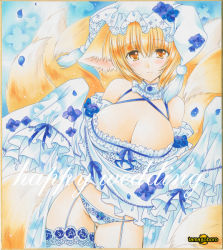Rule 34 | 1girl, animal ears, artist name, blonde hair, blue dress, blue flower, blue panties, blue rose, blue thighhighs, blush, breasts, cleavage, clothes lift, dress, dress lift, flower, fox ears, fox tail, frilled dress, frills, garter straps, hat, head tilt, large breasts, looking at viewer, multiple tails, panties, petals, rose, short hair, smile, solo, tail, tamagoboro, thighhighs, touhou, traditional media, underwear, wedding dress, yakumo ran, yellow eyes