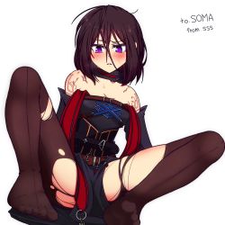 Rule 34 | 1girl, black hair, blush, dungeon and fighter, female priest (dungeon and fighter), full body, looking down, mistress (dungeon and fighter), no shoes, seams, short hair, sitting, solo, sss (komojinos3), tattoo, thighhighs, torn clothes, torn thighhighs, transparent background, white background