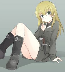 Rule 34 | 10s, 1girl, bad id, bad pixiv id, bare legs, belt, blonde hair, boots, carpaccio (girls und panzer), girls und panzer, green eyes, grey jacket, grey skirt, jacket, knife, long hair, long sleeves, miniskirt, mobu, simple background, sitting, skirt, solo, thighs