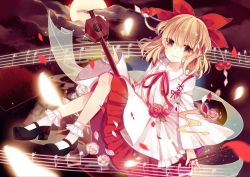 Rule 34 | 1girl, bad id, bad pixiv id, black footwear, blonde hair, blouse, bobby socks, bow, bow (music), cloud, collared shirt, detached sleeves, erhu, flower, full moon, hair bow, high heels, instrument, japanese clothes, kuromomo, long sleeves, mary janes, miko, moon, musical note, petals, red bow, red flower, red ribbon, red rose, red skirt, ribbon, rose, satsuki rin, shirt, shoes, short hair, skirt, socks, touhou, white flower, white rose, white shirt, white socks, wide sleeves, yellow eyes