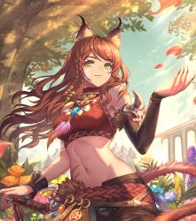 Rule 34 | 1girl, alternate costume, animal ears, artist request, breasts, brown hair, cat ears, cat girl, cat tail, closed mouth, crop top, day, earrings, everlasting summer, flower, green eyes, highres, jewelry, long hair, medium breasts, midriff, navel, necklace, outdoors, petals, scar, short braid, single earring, slit pupils, smile, solo, source request, stomach, tail, tree, uvao-tan