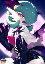 Rule 34 | 1girl, artist name, backlighting, bat wings, black dress, black gloves, blush, bob cut, capelet, claws, clothed pokemon, colored skin, copyright name, creatures (company), dress, elbow gloves, english text, eyelashes, fangs, female focus, flat chest, full moon, game freak, gardevoir, gen 3 pokemon, gloves, green hair, green skin, hair over one eye, half-closed eyes, hand up, happy, head wings, highres, light blush, logo, looking at viewer, moon, multicolored skin, navel, night, nintendo, one eye covered, open mouth, outdoors, pink moon, pokemon, pokemon (creature), pokemon unite, purple wings, red eyes, shiny clothes, short dress, short hair, signature, single wing, sitting, smile, solo, sparkle, spiked wings, suahh, teeth, tongue, tongue out, twitter username, two-tone skin, white capelet, white skin, wings