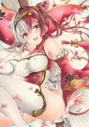 Rule 34 | 1girl, armpits, azur lane, bare shoulders, blush, breasts, chao ho (azur lane), china dress, chinese clothes, cleavage, commentary request, detached sleeves, double bun, dress, fang, grey eyes, hair between eyes, hair bun, hair intakes, hair ornament, highres, long hair, looking at viewer, marker (medium), medium breasts, multicolored hair, open mouth, petals, red hair, saya pr, sidelocks, silver hair, skin fang, solo, thighhighs, traditional media, two-tone hair, white thighhighs, wide sleeves