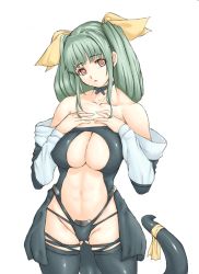 Rule 34 | 1girl, :o, arc system works, black panties, black thighhighs, breasts, brown eyes, choker, cleavage, detached sleeves, dizzy (guilty gear), dress, green hair, guilty gear, hair ribbon, large breasts, open clothes, open dress, panties, revealing clothes, ribbon, simple background, solo, source request, standing, star (starpage), tail, tail ornament, tail ribbon, thighhighs, thong, twintails, underwear, white background