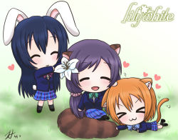 Rule 34 | 10s, 3girls, ^ ^, animal ears, athyra, blue hair, cat ears, cat tail, chibi, closed eyes, gradient background, group name, headpat, hoshizora rin, kemonomimi mode, lily white (love live!), long hair, love live!, love live! school idol project, multiple girls, orange hair, purple hair, rabbit ears, rabbit tail, short hair, smile, sonoda umi, tail, tojo nozomi, twintails