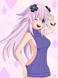 Rule 34 | 10s, 1girl, adult neptune, backless dress, backless outfit, bad id, bad pixiv id, bare back, bare shoulders, blush, breasts, cundodeviant, d-pad, dress, female focus, hair ornament, halterneck, highres, light purple hair, long hair, looking at viewer, medium breasts, meme attire, naked sweater, neptune (neptunia), neptune (series), no bra, no panties, one eye closed, open mouth, purple eyes, purple hair, purple sweater, shin jigen game neptune vii, shiny skin, sideboob, smile, solo, striped legwear, sweater, sweater dress, sweater vest, turtleneck, turtleneck sweater, v, virgin killer sweater