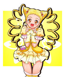 Rule 34 | 00s, 1girl, blonde hair, bug, butterfly, cone hair bun, cure lemonade, drill hair, fingerless gloves, flower, frilled sleeves, frills, gambler club, gloves, hair bun, hair flower, hair ornament, insect, kasugano urara (yes! precure 5), kohsaka jun, long hair, looking at viewer, miniskirt, open mouth, pouch, precure, puffy sleeves, skirt, smile, solo, twin drills, twintails, v, yellow eyes, yellow skirt, yellow theme, yes! precure 5, yes! precure 5 gogo!