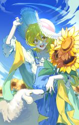Rule 34 | 1girl, absurdres, blonde hair, blue overalls, bouquet, don quixote (project moon), flower, hat, highres, holding, holding bouquet, limbus company, looking at viewer, medium hair, open mouth, overalls, pikett iv, project moon, sheep, shirt, smile, solo, summer, sun hat, sunflower, white hat, white shirt, yellow eyes, yellow flower