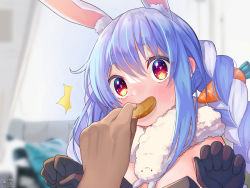 Rule 34 | 1boy, 1girl, ^^^, animal ear fluff, animal ears, black gloves, black leotard, blue hair, blurry, blurry background, blush, braid, carrot hair ornament, closed mouth, depth of field, don-chan (usada pekora), food, food-themed hair ornament, gloves, hair between eyes, hair ornament, hands up, highres, holding, holding food, hololive, leotard, long hair, magowasabi, out of frame, rabbit-shaped pupils, rabbit ears, red eyes, short eyebrows, signature, solo focus, strapless, strapless leotard, sweat, symbol-shaped pupils, thick eyebrows, twin braids, twintails, twitter username, upper body, usada pekora, usada pekora (1st costume), virtual youtuber, white hair