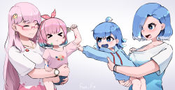 Rule 34 | &gt; &lt;, 4girls, aged down, ahoge, airani iofifteen, between breasts, blue eyes, blue hair, blue hoodie, blue shirt, blue shorts, blush, bracelet, breasts, carrying, child, child carry, cleavage, closed eyes, clothes pull, drawstring, earrings, eyes visible through hair, fian f.n, glasses, gradient hair, gradient shirt, hairband, hololive, hololive indonesia, hood, hoodie, jewelry, kobo kanaeru, large breasts, long hair, mother and daughter, multicolored hair, multiple girls, necklace, nose blush, pacifier, paint on clothes, paint splatter, paint splatter on face, palette hair ornament, pink-framed eyewear, pink hair, pink shirt, semi-rimless eyewear, shirt, shirt pull, short hair, short shorts, shorts, t-shirt, under-rim eyewear, very long hair, virtual youtuber, watch, white hair, white shirt, wristwatch