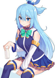 Rule 34 | 1girl, aqua (konosuba), bare shoulders, between legs, blue eyes, blue footwear, blue hair, blue shirt, blue skirt, blue thighhighs, blush, boots, bottle, bow, bowtie, breasts, commentary request, detached sleeves, green bow, green bowtie, hair between eyes, hair bobbles, hair ornament, hair rings, hand between legs, holding, holding bottle, kono subarashii sekai ni shukufuku wo!, large breasts, long hair, long sleeves, looking at viewer, medium breasts, miniskirt, open mouth, parted lips, pensuke, pleated skirt, shirt, simple background, sitting, skirt, sleeveless, sleeveless shirt, solo, thigh boots, thighhighs, very long hair, white background, zettai ryouiki