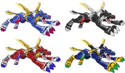 Rule 34 | absurdres, cyborg, digimon, highres, metalgarurumon, metalgarurumon (black), metalgarurumon (red), metalgarurumon (story climax anniversary ver.), open mouth, sharp teeth, simple background, teeth, white background, wolf