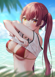 Rule 34 | 1girl, absurdres, beach, bikini, black ribbon, blue sky, blurry, blurry foreground, breasts, cleavage, clothes lift, cloud, commentary request, day, earrings, hair between eyes, hair rings, heart, heart earrings, heart necklace, heterochromia, highres, hololive, houshou marine, houshou marine (summer), jewelry, lifted by self, long hair, looking at viewer, navel, necklace, ocean, outdoors, red bikini, red eyes, red hair, ribbon, shirt, shirt lift, short sleeves, sky, solo, stomach, string bikini, swimsuit, tomozu, twintails, upper body, virtual youtuber, white shirt, yellow eyes