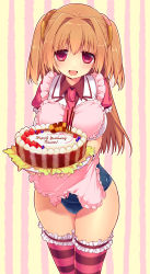 Rule 34 | 1girl, apron, blush, breasts, brown hair, cake, cameltoe, cassini m bisuko, checkerboard cookie, cookie, food, giuniu, hair intakes, hair ornament, happy birthday, highres, large breasts, long hair, necktie, one-piece swimsuit, open mouth, original, peach-tea, red eyes, school swimsuit, short twintails, solo, striped background, striped clothes, striped thighhighs, swimsuit, swimsuit under clothes, thighhighs, twintails, two side up