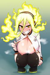 Rule 34 | 1girl, black thighhighs, blonde hair, blush, boku no hero academia, boots, breasts, breasts on lap, burnin (boku no hero academia), claws, cleavage, clenched hands, clenched teeth, eyelashes, fangs, female focus, fiery hair, flashing, full body, green hair, grin, hair between eyes, hair ornament, hairband, highres, kamiji moe, large breasts, long hair, looking at viewer, mask, neck, nipples, no bra, one breast out, open clothes, sidelocks, smile, solo, squatting, sweat, teeth, tenk, thick thighs, thighhighs, thighs, thighs together, two-tone hairband, unworn mask, yellow eyes