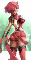 Rule 34 | 1girl, absurdres, ass, black gloves, blush, bob cut, breasts, earrings, fingerless gloves, from behind, gloves, gonzarez, hand on own hip, highres, jewelry, leggings under shorts, looking at viewer, medium breasts, open mouth, pantyhose, pyra (xenoblade), red eyes, red hair, short hair, short shorts, shorts, solo, standing, swept bangs, thighhighs, thighs, xenoblade chronicles (series), xenoblade chronicles 2