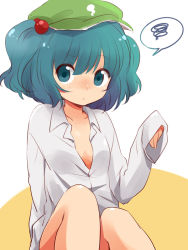 Rule 34 | 1girl, blue eyes, blue hair, bottomless, dress shirt, face, female focus, hair bobbles, hair ornament, hat, ica, kawashiro nitori, looking at viewer, matching hair/eyes, naked shirt, no pants, oversized clothes, oversized shirt, shirt, sitting, sleeves past wrists, solo, squiggle, touhou, twintails, two side up