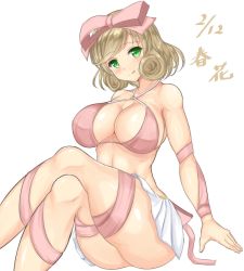 Rule 34 | 10s, 1girl, :q, adapted costume, arm ribbon, arm support, bare shoulders, bikini, bikini top only, blonde hair, blush, bow, breasts, character name, cleavage, criss-cross halter, crossed legs, dated, green eyes, hair bow, halterneck, haruka (senran kagura), large breasts, leg ribbon, looking at viewer, miniskirt, noeomi, pink bikini, pink bow, pink ribbon, ribbon, senran kagura, shiny skin, short hair, sitting, skirt, smile, solo, swimsuit, thigh ribbon, tongue, tongue out, white background, white skirt