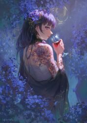 Rule 34 | 1girl, back, bright pupils, closed mouth, cup, earrings, flower, flower tattoo, genshin impact, hair flower, hair ornament, highres, holding, holding cup, japanese clothes, jewelry, kimono, long hair, looking at viewer, mole, mole under eye, off shoulder, purple eyes, purple flower, purple hair, purple kimono, raiden shogun, red wine, sarashi, signature, solo, tattoo, wine, zieru