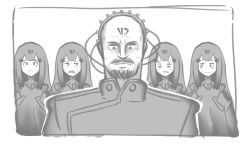 Rule 34 | 1boy, 4girls, bad id, bad twitter id, bald, beard, black hair, command and conquer, command and conquer: red alert 2, commentary, crossover, english commentary, facial hair, girls&#039; frontline, greyscale, headgear, military, military uniform, monochrome, multiple girls, mustache, nyto (generic) (girls&#039; frontline), nyto (girls&#039; frontline), adeline (girls&#039; frontline), paradeus, scared, serjatronic, sweat, uniform, yuri (c&amp;c)