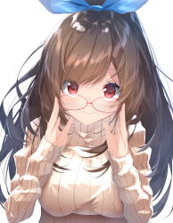Rule 34 | 1girl, adjusting eyewear, blue ribbon, breasts, brown hair, brown sweater, closed mouth, commentary request, eyes visible through hair, glasses, hair ribbon, hands up, high ponytail, highres, idolmaster, idolmaster shiny colors, long sleeves, medium breasts, ponytail, red-framed eyewear, red eyes, ribbed sweater, ribbon, simple background, sleeves past wrists, smile, solo, suisen-21, sweater, tsukioka kogane, upper body, white background