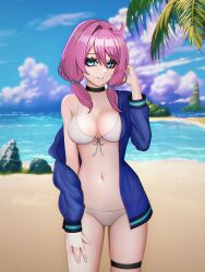 Rule 34 | 1girl, absurd fox, absurdres, arknights, bare shoulders, beach, bikini, bikini under clothes, blue eyes, blue poison (arknights), braid, breasts, choker, closed mouth, eyeliner, hand on own thigh, hand up, highres, jacket, large breasts, makeup, medium hair, open clothes, open jacket, pink hair, red eyeliner, solo, standing, swimsuit, twin braids, white swimsuit