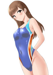 Rule 34 | 1girl, arms behind back, bad id, bad pixiv id, blue one-piece swimsuit, breasts, brown eyes, brown hair, commentary request, competition swimsuit, cowboy shot, idolmaster, idolmaster cinderella girls, long hair, looking at viewer, medium breasts, nitta minami, one-piece swimsuit, pachio, simple background, solo, standing, swimsuit, white background