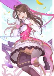 Rule 34 | 1girl, bare shoulders, blush, bow, brown eyes, brown hair, cleavage cutout, clothing cutout, cloud, cloudy sky, dress, drill hair, elbow gloves, frilled dress, frills, gloves, hair between eyes, heart, highres, idolmaster, idolmaster cinderella girls, koyoi mitsuki, long hair, multicolored hair, open mouth, petals, petas, pink bow, pink hair, shimamura uzuki, side ponytail, skindentation, sky, smile, solo, sparkle, stage of magic (idolmaster), star (sky), textless version, thighhighs, two-tone hair, v, w, white dress, white footwear, white gloves