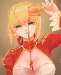 Rule 34 | 10s, 1girl, alcohol, blonde hair, breasts, cleavage, commentary request, cup, earrings, fate/extra, fate (series), green eyes, highres, jewelry, large breasts, looking at viewer, magic trick, marker (medium), nero claudius (fate), nero claudius (fate) (all), nero claudius (fate/extra), pink lips, pouring, pouring onto self, short hair, solo, traditional media, wine, yeyufeng