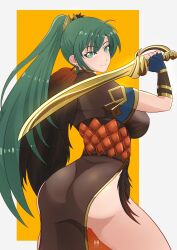 Rule 34 | 1girl, ass, breasts, brown dress, commentary, cowboy shot, dress, fire emblem, fire emblem: the blazing blade, fire emblem heroes, from behind, green eyes, green hair, highres, holding, holding sword, holding weapon, ihsnet, large breasts, long hair, looking at viewer, looking back, lyn (fire emblem), nintendo, official alternate costume, ponytail, short sleeves, smile, solo, standing, sword, thighs, very long hair, weapon