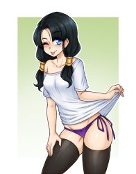 Rule 34 | 1girl, ;p, black hair, black thighhighs, blue eyes, blush, breasts, clothes lift, collarbone, dojipan, dragon ball, dragonball z, lifted by self, looking at viewer, medium breasts, one eye closed, panties, purple panties, shiny skin, shirt, shirt lift, side-tie panties, skindentation, solo, thighhighs, tongue, tongue out, twintails, underwear, videl