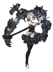 Rule 34 | 1girl, armor, blue hair, borrowed character, brown eyes, closed mouth, frills, gauntlets, holding, holding sword, holding weapon, kasa (hitori sanka), living hair, original, pauldrons, pouch, shoulder armor, simple background, solo, spikes, standing, sword, twintails, ukuel, vambraces, weapon, white background