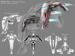 Rule 34 | alj0708, character sheet, commentary, concept art, eve online, flying, frigate (eve online), from side, gallente federation (eve online), glowing, grey background, grey theme, highres, military vehicle, multiple views, original, science fiction, spacecraft, spaceship, thrusters, vehicle focus