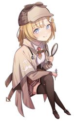 Rule 34 | 1girl, 852 box, black thighhighs, blonde hair, blue eyes, blush, breasts, brown capelet, brown coat, brown footwear, brown hat, brown skirt, capelet, closed mouth, coat, collared shirt, commentary, cross-laced footwear, crossed legs, deerstalker, full body, gear hair ornament, hat, highres, holding, holding magnifying glass, holding syringe, hololive, hololive english, invisible chair, licking lips, looking at viewer, magnifying glass, medium breasts, miniskirt, necktie, open clothes, open coat, plaid, plaid skirt, pleated skirt, red necktie, shirt, shoes, short hair, short necktie, simple background, sitting, skirt, smile, solo, stethoscope, syringe, thighhighs, tongue, tongue out, virtual youtuber, watson amelia, watson amelia (1st costume), white background, white shirt, wing collar, zettai ryouiki