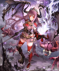 Rule 34 | 1girl, armor, black gloves, breasts, claws, crown, gloves, hip armor, holding, holding weapon, horns, knee pads, kouyafu, lightning, long hair, looking at viewer, medium breasts, purple hair, red eyes, red thighhighs, shadowverse, shoulder armor, single knee pad, solo, thighhighs, weapon, wings