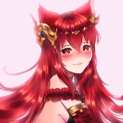 Rule 34 | 1girl, animal ears, anthuria, blush, granblue fantasy, long hair, looking to the side, parted lips, pink background, red eyes, red hair, solo, suulore